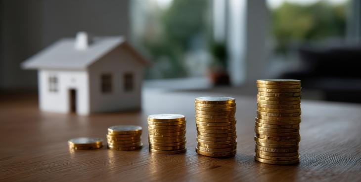 Fünf Stapel von Münzen, die von links nach rechts höher werden. Dahinter ein verschwommenes Haus