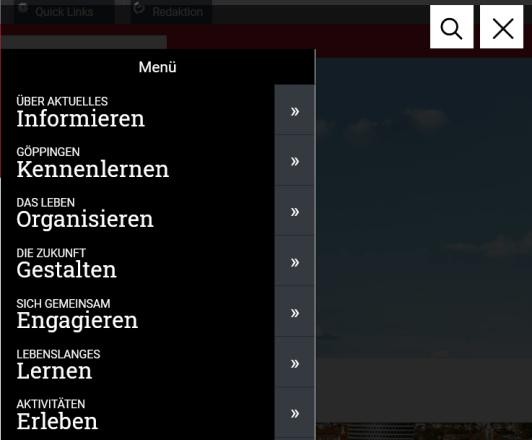 geöffnetes Menü mit den 7 Hauptbereichen der Seite