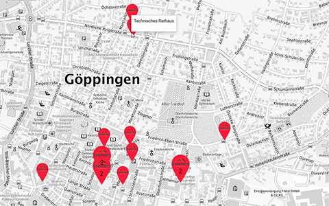 Ein Ausschnitt aus dem Geoportal Göppingen mit einzelnen Kennzeichnungen