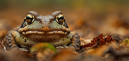 Eine Kröte, die auf dem Boden sitzt. Um sie herum ist Laub.