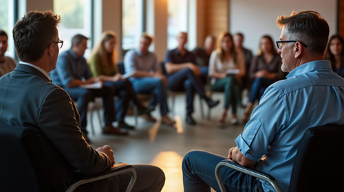 Eine Gruppe von Menschen sitzt in einem Sitzkreis beisammen.