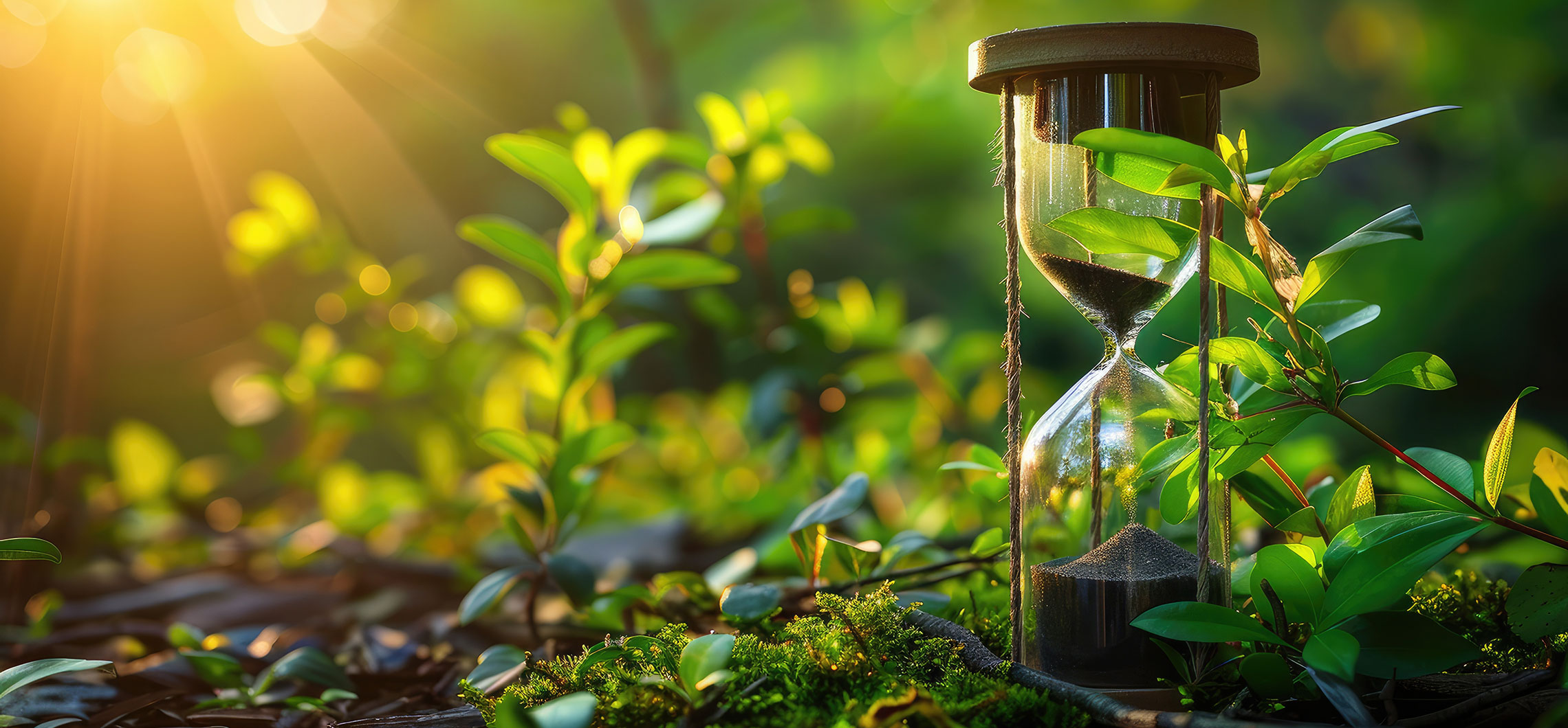 Eine Sanduhr, die auf dem Boden eines Waldes steht.