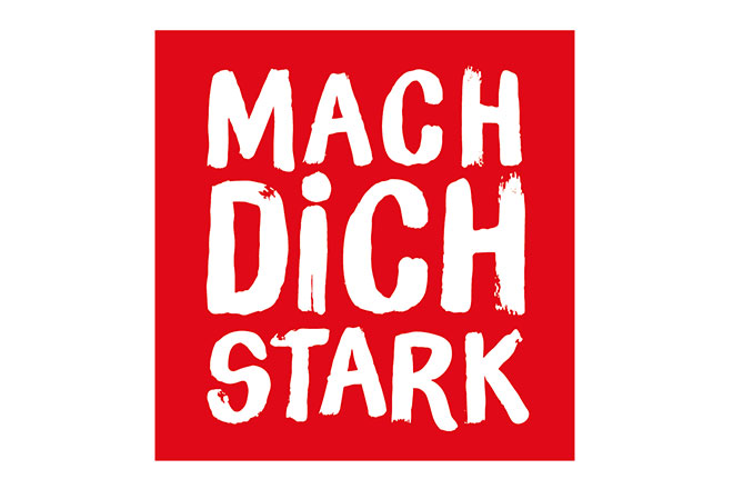 Ein rotes Logo mit dem Schriftzug "Mach Dich Stark"