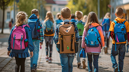 Kinder laufen mit Schulränzen auf der Straße