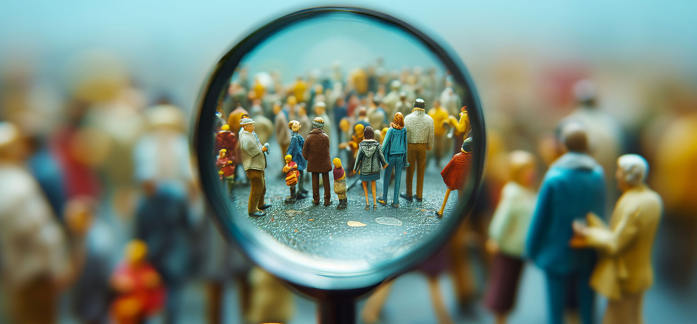 Eine Gruppen von Menschen, die aus Spielfiguren besteht, erblickt durch eine Linse oder Lupe.