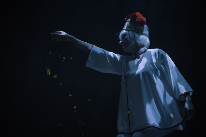 Eine als Clown verkleidete Frau auf einer Bühne