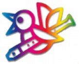 Ein gezeichneter bunter Vogel in Regenbogenfarben.